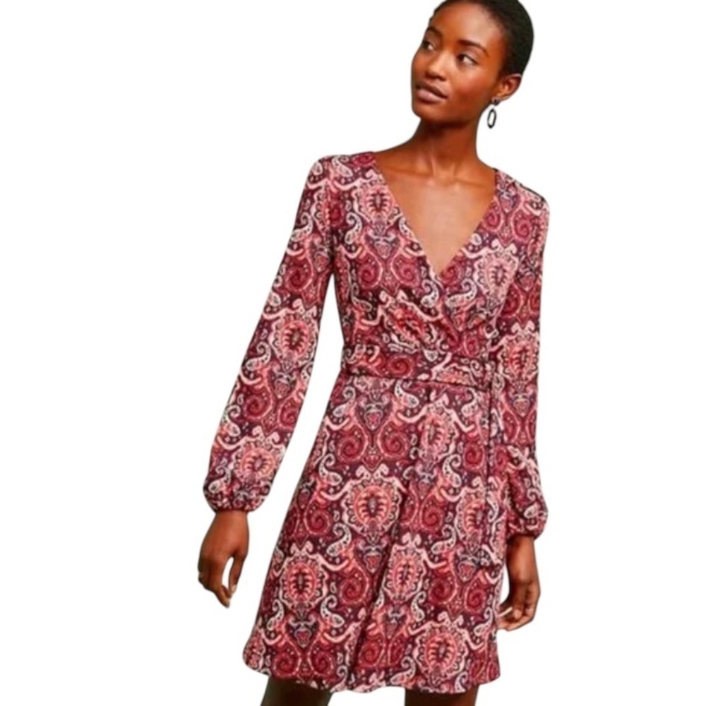 Maeve by Anthropologie Red Paisley Print Mini Dress Knit Metallic Surplice Sz S